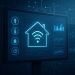 A digital display showing smart home icons and controls in blue tones.