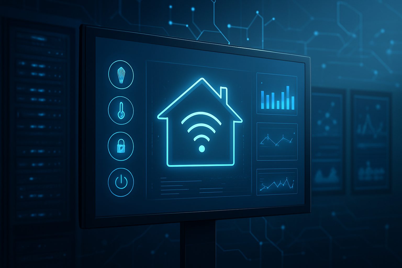 A digital display showing smart home icons and controls in blue tones.