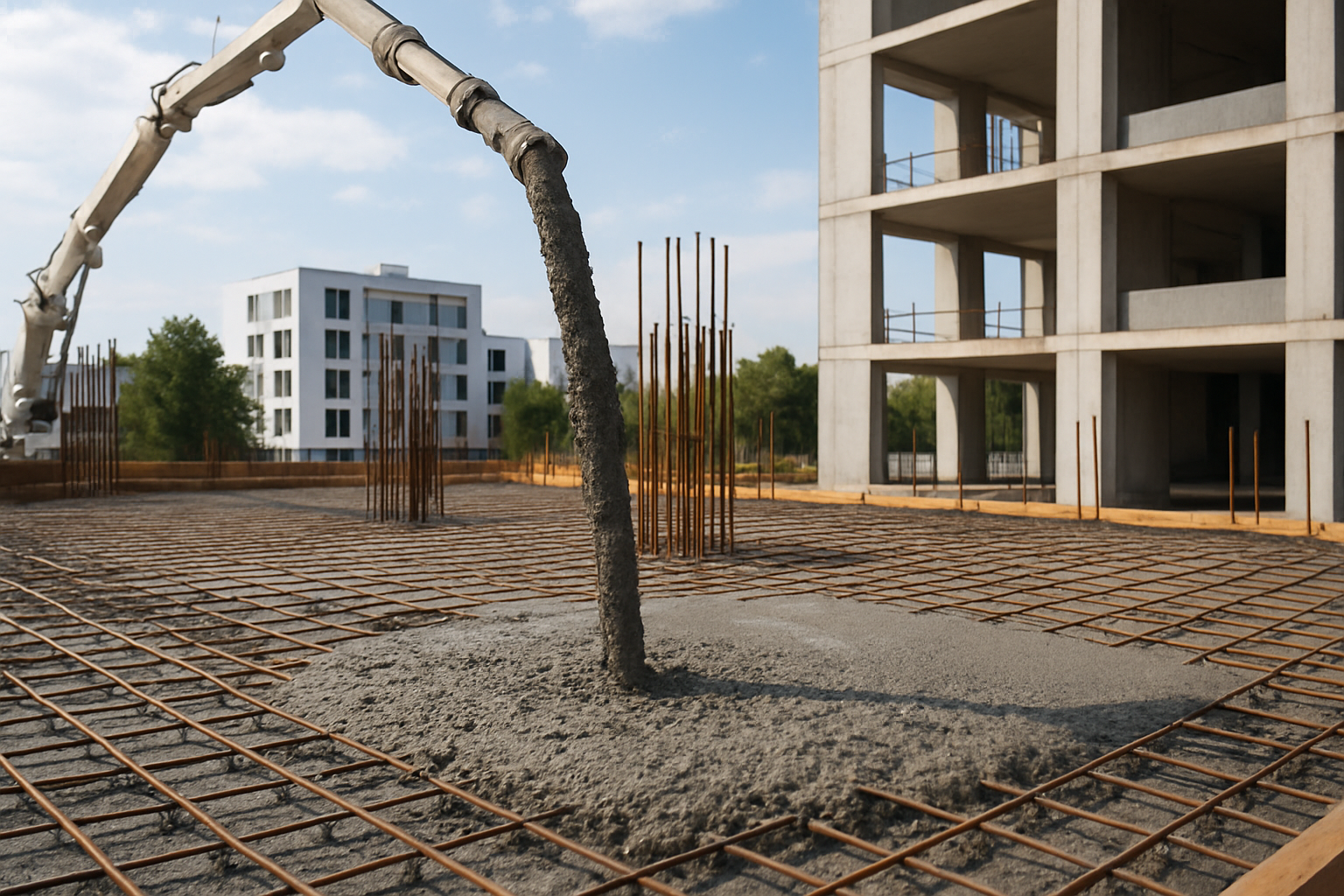 Concrete being poured at a construction site with rebar and forming outlines