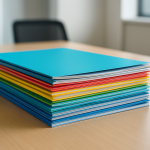 A colorful stack of printed papers arranged neatly on a wooden table.