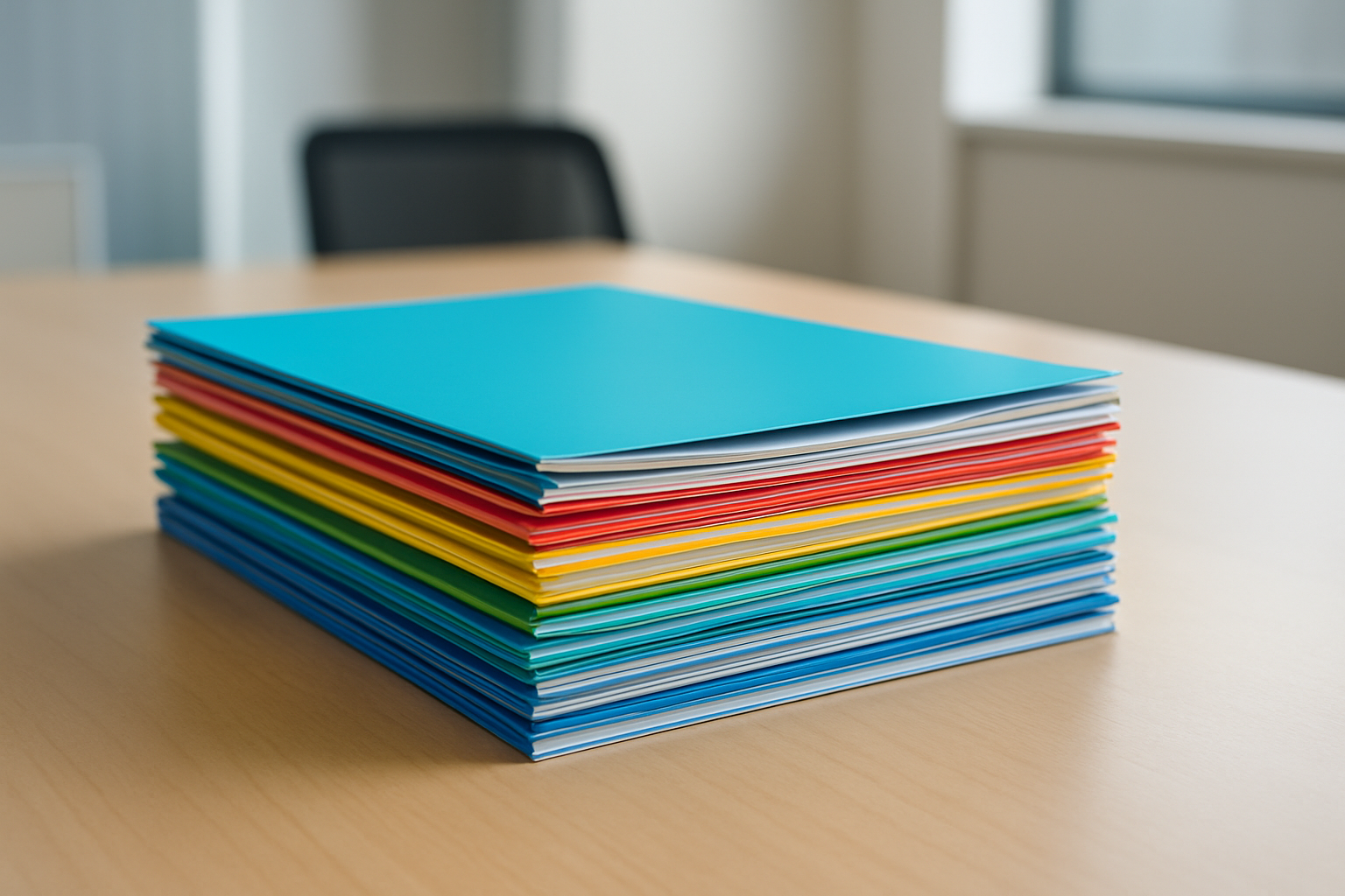 A colorful stack of printed papers arranged neatly on a wooden table.