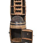 A wooden wine cellar rack crafted from barrels, showcasing storage compartments for wine bottles.