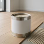 A canister of flooring adhesive placed on a wooden floor, with a visible troweled adhesive pattern nearby.
